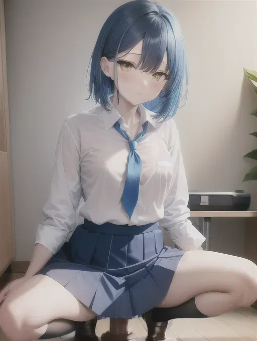 <lora:dpmg_riding_dildo:1>, blue hair, yellow eyes, school uniform, blue skirt, white shirt, no panties, wood floor, indoors, simple background, flat chest, wet shirt