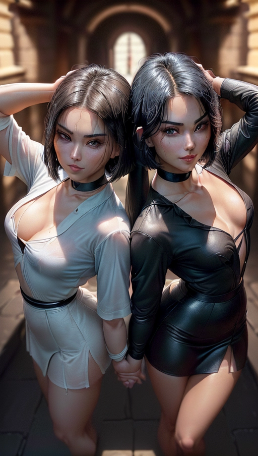 (outstanding portrait of two sexy and beautiful young nuns:1.4), (portrait focus on face and waist:1.2), (women consist of black haired asian Asa Akira Steele and blond european Kayden Kross:1.2), (white unbottoned cotton blouse exposing deep cleavage:1.2), (blouse strain against their perky breasts:1.2), (erect nipples poking blouse:1.1), (long black cotton skirt:1.2), wearing a black hood and religious necklace around neck, thick and wide black leather choker,
(long hair in ponytail or short bobcut hair:1.2), (different hair styles:1.2), athletic body, (medium sized breasts:1.2), slender waist, innocent but sexy face, arched eyebrows, (long eyelashes:1.1), small nose, (high cheekbones:1.2), full and pouty lips, (sensual and horny smile exposing some nice white teeth:1.2),
(detailed blue eyes watching the viewer:1.2), sexy pose with arched back, (setting is the interior of a simple stone shrine:1.2), (two women in portrait:1.2),
ultra realistic, masterpiece, best quality, extremely detailed face, perfect lighting, cinematic lightning, warm light, great shadows, clear colours, (hyper-realistic portrait:1.1), (photorealism:1.1), (masterpiece:1.1), <lora:dpmg_add_detail:0.8>, (NSFW:1.1),
cinematic lightning, artificial lighning, great shadows, best quality, highest quality, highest resolution, 8k, Perfect composition, masterpiece, sharp focus, perfect anatomy,
two arms, (two hands:1.1), (five fingers on each hand:1.1), (detailed fingers:1.0), perfect hands, perfect fingers, perfect eyes, perfect lips, no extra nipples