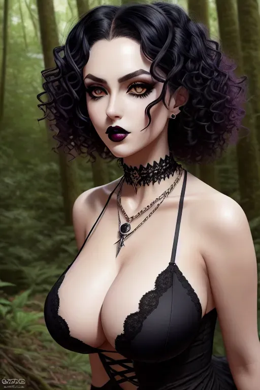 a color pencil draw of,wearing goth clothes,kneeing,in the forest,natural breasts,five slender fingers,curly hair,beautiful face,beautiful lips,detailed large eyes,curved eyebrows,curved eyelid,wearing necklace,ultra realistic,cgsociety,sharp focus,pixiv,editorial