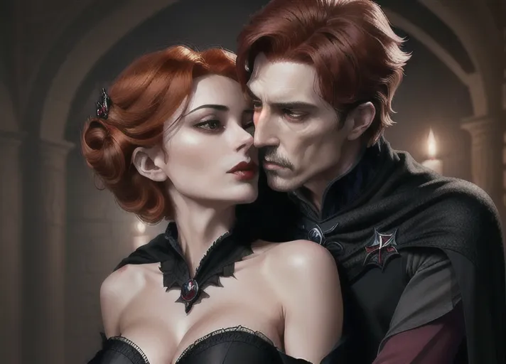 an older distinguished short black-haired masculine Dracula with very high collared cape, embracing Sweet innocent beautiful elegant auburn haired in a low bun Queen Anna of Arendelle in green portrayed by Willa Holland deeply hypnotized and enthralled lips parted in erotic arousal, fingering recent hickey on her neck from behind kissing her neck. PHOTOREALISTIC.