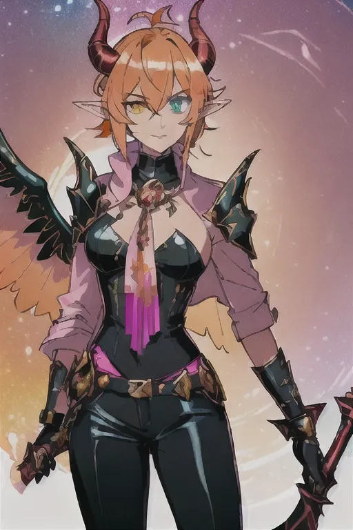 (masterpiece:1.2), (best quality), (ultra detailed), (8k, 4k, intricate),(full-body-shot:1), (highly detailed:1.2),(detailed face:1.2), best quality, masterpiece, solo, solo guy male tiefling, bright golden brown yellow hair, heterochromia, green eye, red eye, determined look in eyes, golden brown color hair, curled horns devil, hell armor, ,red horns, holding battleaxe, shield, chrome shiny battleaxe, androgynous haircut, imp demon , dark paladin, chain main shirt, battle axe wielder, warrior, knight of hell, demon tiefling, hell red power, curled horns, illrigger, armored, 1 male tiefling only, demon, flat chest, posh , leather armor, well groomed, elf ears , jackal imp creature , horns, armored jacket, solo, sharp jagged tail, humanoid, masterpiece, colorful shirt, short length hairstyle single strand of hair curls on top of head, antenna hairstyle imp demon, ,cute look in eyes, imp demon , heterochromia, masterpiece anime style