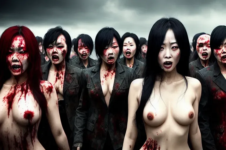 one naked korean girl is surrounded by clothed zombies she has a gun in her hands and is looking scared. Thte zombies approach from all sides