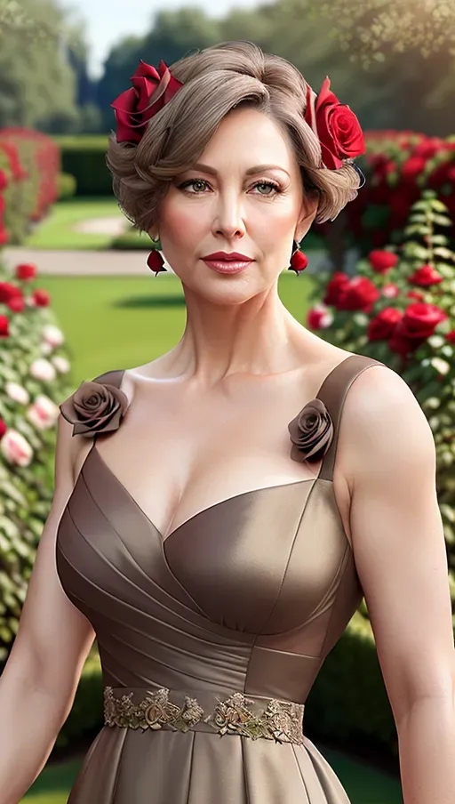 Photo-realistic, ((45 years old)), facsimile copy, grey-olive bodice, (medium brown coloured hair), light green eyes, short cut hair, ((in a beautiful red rose garden background)), lattice trellis behind, 8K