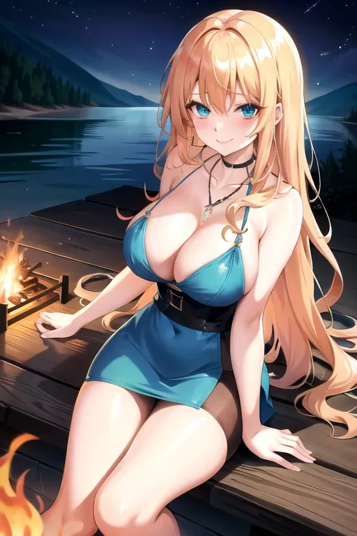 full body, strawberry blonde hair, green eyes, short girl, black high heels, looking at viewer, long hair, pale skin, silver necklace, 24 years old, giant breasts, cute face, pov, wavy hair, wide eyes, erotic, skirt tug, nighttime, slim body, sitting by lake, smiling, cleavage, 44F breasts, standing by campfire, blue minidress, serving drinks