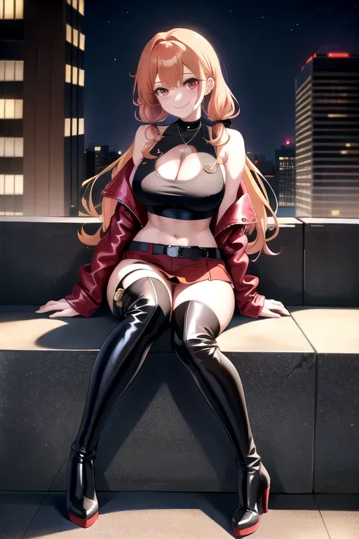 full body, strawberry blonde hair, brown eyes, short girl, red denim miniskirt, black high heels, looking at viewer, long hair, pale skin, silver necklace, black crop top, 24 years old, giant breasts, cute face, pov, wavy hair, city environment, Oklahoma City, wide eyes, erotic, skirt tug, leather jacket, nighttime, black backpack, slim body, low pigtails, sitting on wall, smiling, thigh high boots, cleavage