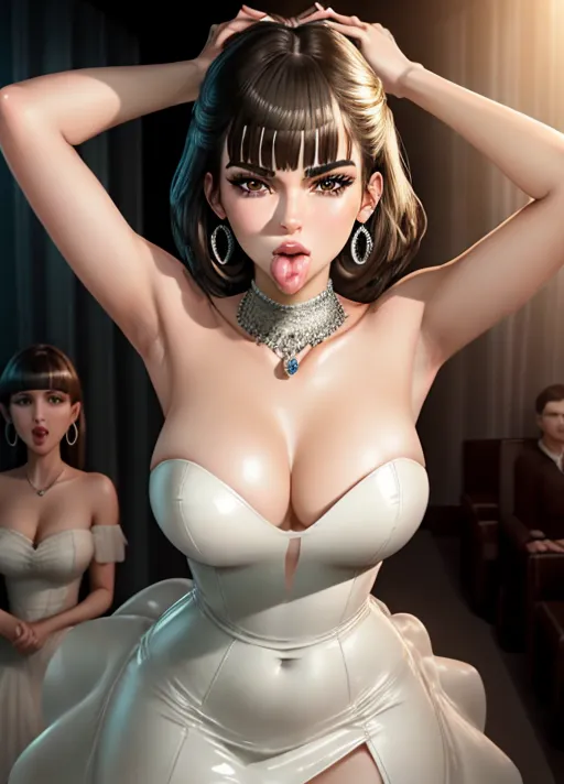 realistic HD photograph ((wide shot)), (((Kendall Jenner)))((((accurate face)))),(((getting out of a limousine))), (((wearing latex halter dress))))(((wearing hoop earrings))((holding up middle finger))((mouth open)),((winking)),(((short straight sleek haircut)))(((blunt bangs))), ((very sexy pose)),(((perky breasts))),(((slender athletic body))), five slender fingers, beautiful face, beautiful lips,detailed large eyes,curved eyebrows,cgsociety,cinematic lighting,studio lighting,professional,editorial,<lora:dpmg_middle_finger:1.5>, dpmg_awaitingtongue_v1