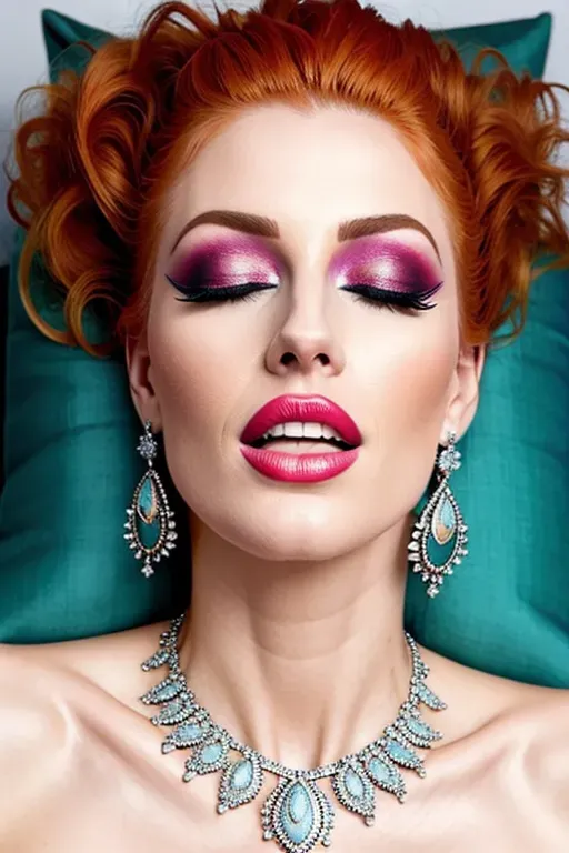 a 64k high detail extreme closeup full color close-up photography extreme close up photo of lips of a svelte gorgeous 18 year old, jia Lissa , lying on her back, head on a silk pillow, messy hair splayed on pillowy, full makeup, beautiful eyes, sultry lips, opulent earrings, elegant necklace, ((orgasming expression)),((climaxing expression)), (expression of intense sexual pleasure), (o-face), (sexually aroused), (sexually excited),