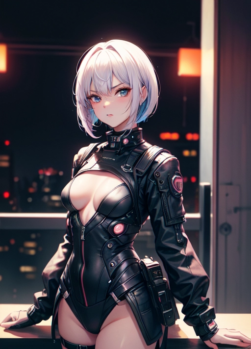 A professional photo of Lucy from cyberpunk edgderunners 25 years old, European and Japanese descent, cute but angry and pouting expression, in a hotel roomwith giant windows outside is a futuristic cyberpunk city, night time, astonishing woman, short pure white hair with one pink strand, bob haircut, wearing a full cyberpunk outfit made only from cotton fabric, fully clothed,warm cinematic lighting, neon lights, neon glow, purple lights, masterwork, best quality, volumetric lighting, depth of field Imperfect skin, Feminine, Real looking face, highly detailed face,photorealistic, hyperrealistic, low light,covered breasts, (best quality),(Small breasts), <lora:dpmg_add_detail:0.5>, beautiful,(high resolution), (((masterpiece))), (uhd), (8k)