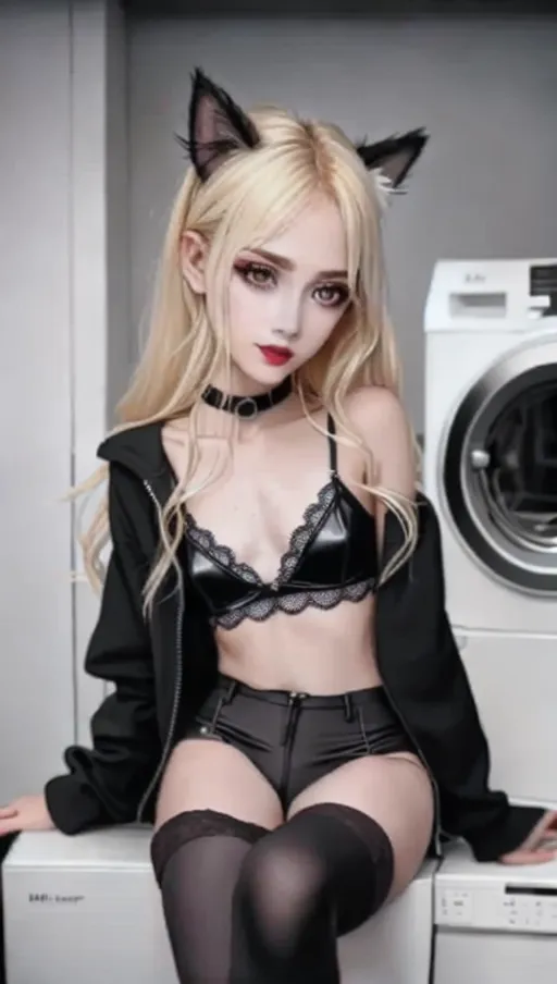 cute skinny blonde girl, wearing black fleece jacket, black lace bra, arms up pose looking into the camera, choker, lace cat ears, plaid skirt, black leggings, boots, sitting on washing machine with her legs crossed,
8k resolution, hyper realistic,
(Masterpiece), (high resolution), (high definition), (beautiful details),
(perfect lighting),
((skinny)), ((slim body)), ((small breasts)), petite, thigh gap,
(light complexion),
realistic beautiful detailed face, high cheek bones, showing her fangs, sparkling teeth,
Long lashes, black eyeshadow, black lipstick, soft puffy lips, laundromat background