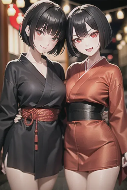 2girl, short black hair, red eyes, samurai, yukata, constricted pupils, yandere, crazy smile, crazy eyes, looking at viewer, kyoto night alley, atmospheric lighting, night sky, blood on clothes, torn clothes, head tilt, torn dress
