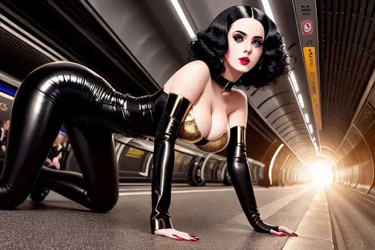 a illustration of,katy perry,wearing goth clothing,all-fours,in the london underground,big breasts,five fingers per hand,charming face,beautiful lips,curved eyebrows,pale skin,peaceful,wearing golden ring,editorial,8k,highly detailed,professional,sharp focus