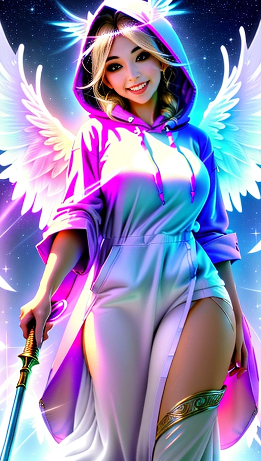 a 64k high detailed photo of Female Goddess, ((In clothing Robes))), (((In Hoodie))), HDR, Professional, Highly Detailed, ((In pants))) ((In Shirt)) ((Has Attire)) Godly Ultra Detailed Best Quality Most Detailed ((Angel Wings)) Angelic Lighting Love Hope Magic casting Smiling happy Glory Warrior Angels Angelics Positivity Happiness ecstasy enraptured sweaty saving God Royalty Morality Goodness True Good Power Force Authority Ethical Saviour Halo Always and Forever Sentimental in heat hot ultra hot best best lighting tantric Neutral Brilliant Logical Compassionate Perfect Perfection Exciting Integrity Winged Courage Purity Harmony Beauty mark on upper lip ((Female)) Ethereal Lighting Celestial Lighting (((With Clothes))) ((With God Item)) ((God Tech)) (God Technology) with items of power God Wings (Afterlife Light) ((Perfect Body)) ((Perfect Anatomy)) (Love Worship) (God Light) ((God Staff))) ((God Weapon)) (Spirituality) (Smiling) ((Happy expression)) (Angelic Glow) ((((Has Clothing On))) accessories