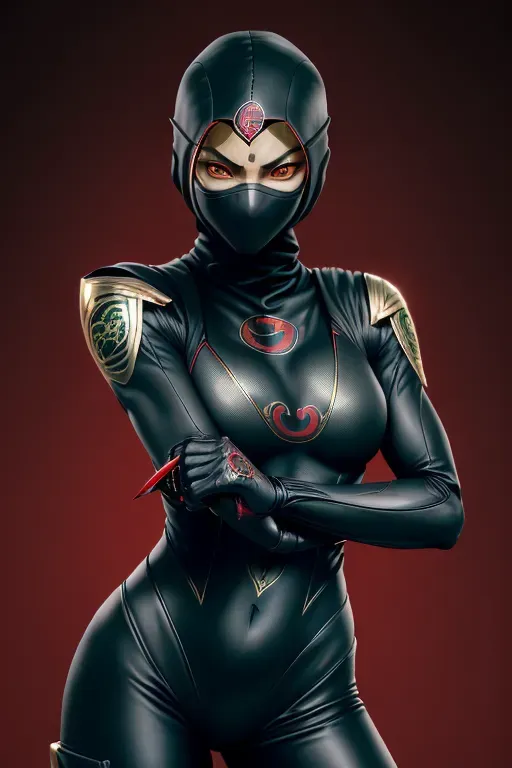 a realistic photography of, <Cobra Ninja>, 1girl, mysterious character, (((waering full black ninja suit with a red cobra symbol))), (((face covered by suit))), egyptian green eyes, small tonic body, ((handling a gold ninja star)), at the cobra temple, portrait, best of the best quality shot
