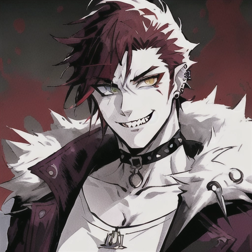 solo male, hunter,Cunning Eyes , jagged sharp teeth, Feisty look, pet chain collar spiked around neck,dagger ear piercings, cauasian white guy, fluffy purple jacket, heterochromia green yellow eyes, wolf animal eyes, plain white shirt, auburn antenna spikey hair disney prince messy shortish antenna length , male guardian of the earth , teen wolf, bloody, psycho look in eyes, grinning, smiling , blood , school clothing, auburn hair, bright eyes , heterochromia, no facial hair, background paint spots creative ,masterpiece, digital art masterpiece, colorful, paint splashs in background , <lora:dc_marvel_v1:1>