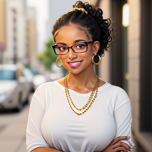 professional photo, biracial woman, black and white, tan brown complexion, subtle lip ring piercing, wavy curly hair in a ponytail updo, business casual attire, mauve and white, wearing oversized nerd geek square eyeglasses, gold bead necklace, gold bead stud earrings, smiling, sophisticated, beautiful, best quality, professional pose, marketing