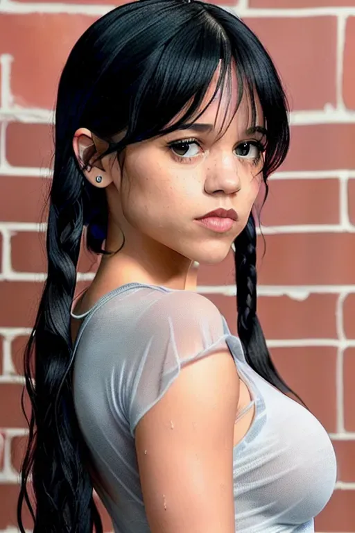 A high-quality erotic hyper-realistic photo of slender toned Jenna Ortega, wearing sheer flimsy draping tshirt, braless, perfect pretty face, ((big breasts)), against a brick wall, ((visible small breasts)), ((visible hard nipples)), raining, wet hair, wet clothes, erotic smile, (((focus on upper body and face))), dpmg_jenna_ortega_v1