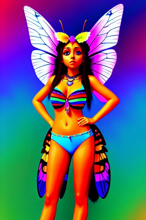 Digital drawing, Furry, anthro, insect, butterfly, big eyes, big wings, colorful, full body, girl, hippie