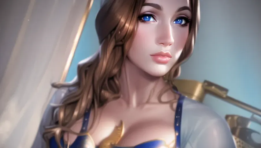 Brown hair, wavy hair, blue eyes, big lips, blue bar,