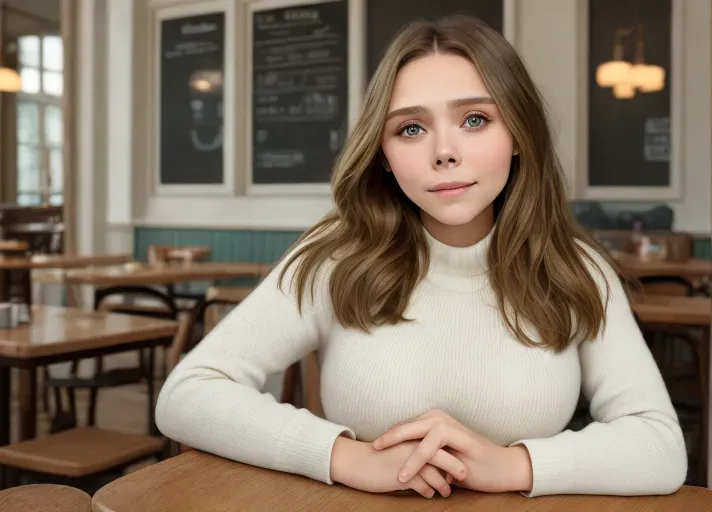 a realistic photograph , 8k , best quality , of elizabeth olsen , with a teenage face , with playful eyes , sitting in a cafe , ((massive breasts)) , beautiful eyes , beautiful face , smiling at me