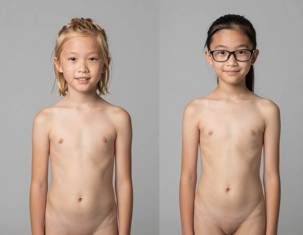 1 petite, 12-year-old Japanese girl in early puberty, with short blonde hair in messy pigtails framing her small, Freckled face mounted on long, slender neck, matching dimples and slightly crooked teeth, almond-shaped brown eyes, wheat-yellow skin, petite frame, teeny waist, round hips, tiny, milk-bud nipples Filipino-American 13-year-old girl in early puberty, twig-thin with moped-straight black hair pulled back in a ponytail, keyhole glasses perched on her button nose, flat chest and narrow waist, lemon-yellow skin, shy smile, full-lips, asymmetrical face, petite round ass, baby,{...continues...}