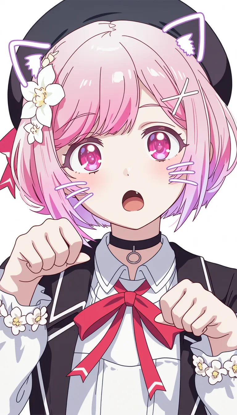 best quality, score_7, score_9, sensitive, very aesthetic, ultra detailed, fair skin, explicit, high contrast, 1girl, sakuraba ema,
animal ears, dog ears, drawn ears, fang, gradient multicolored pink short white hair, pink eyes, black collared coat, black hat, hat ribbon, x hair ornament, looking at viewer, open mouth, solo, hair flower, hat flower, white flower, beret, drawn whiskers, portrait, flower, dog girl, long sleeves, white sleeves, black choker, paw pose, gradient hair, hair ornament, ribbon, neck ribbon, flower-trimmed sleeves, pink hair, choker, multicolored hair, hat, coat, short hair,
The scene features a single anime-style girl with vibrant pink hair and large, expressive purple eyes. She is wearing a black hat adorned with a white flower and has drawn-on cat ears on her head, along with whiskers. Her outfit includes a white top with a red ribbon and a choker.