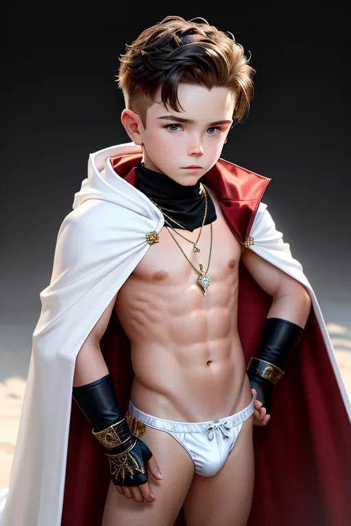 High Fantasy, very young Cruz Beckham, necklace, white speedos, handsome face, shy, gloves, cloak, standing, fit, highly detailed, correct human anatomy, looking at viewer, front, closeup,