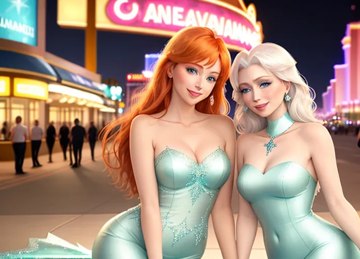 beautiful auburn haired Queen Anna in mint green dress and her platinum haired Sister, Elsa in blue, with their beautiful sapphire eyes, visit dazzling Las Vegas Strip at night. Their warm sweet smiles brightening every day.