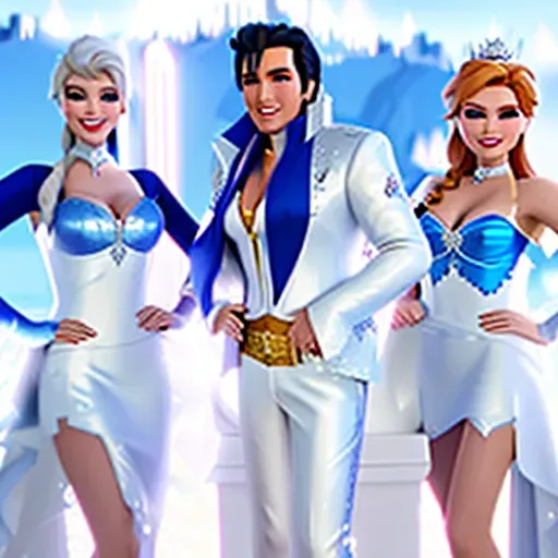 3 figures.
low angle shot,
Anna and Elsa dressed as Las Vegas show girls with Elvis at the Welcome to Fabulous Las Vegas sign.
innocent sweet, Anna of Arendelle 37 years old, Nordic, dressed in modest green attire, large natural round blue eyes, long auburn hair, sweet face, warm smile, soft curved eyebrows, smaller modest breasts.
Elvis male 45, white sequin jumpsuit, black pompadour hair, confident smile.
Elsa of Arendelle 40, slightly taller than Anna. Long platinum hair, dressed in blue.
five fingers per hand, ultra realistic, unreal engine, reduced saturation, adult
