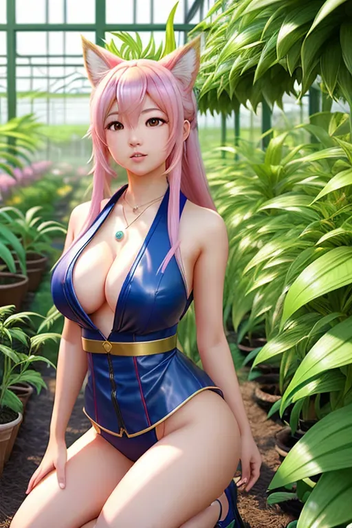 a color pencil draw of,kaori miyazono,wearing lol ahri cosplay,squatting,in a lush greenhouse,big breasts,five slender fingers,charming face,beautiful lips,curved eyebrows,pale skin,peaceful,wearing necklace,highly detailed,professional,unreal engine,8k,cinematic lighting