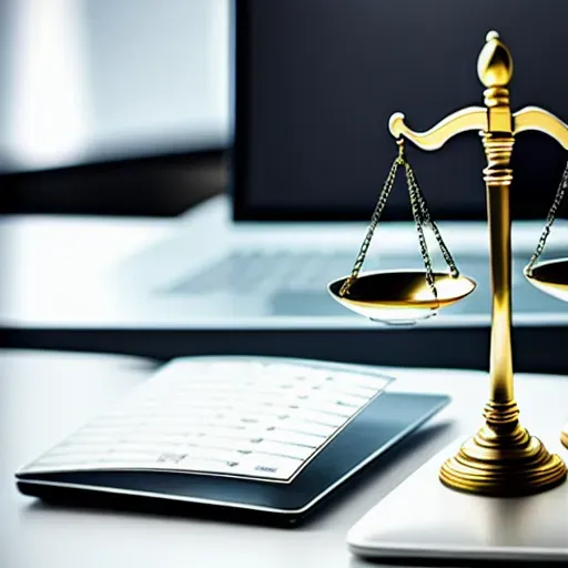 the scales of justice sitting on a desk next to a laptop, studio lighting, professional lighting, well-lit, close-up