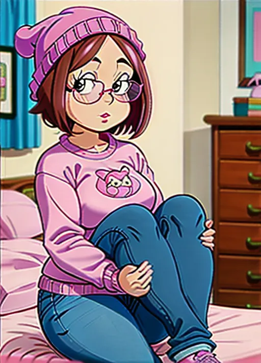 Meg griffin ( family guy), cartoon style, chubby, pink pullover, blue jeans, short hair, brown hair, solo, bedroom, pink hat, glasses,
