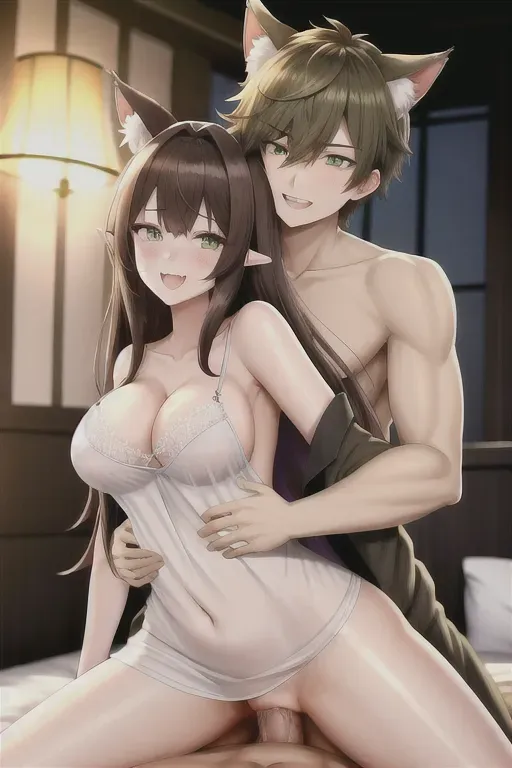 high quality, detailed, anime boy and anime girl, adventurers, brown hair, green eyes, wolf ears on head, fluffy ears, fluffy tail, cute, both boy and girl are on the bed, lewd, girl has a night gown with exposed pussy, boys penis is in her pussy, lewd face, boy and girl fucking, vampire fangs, girl is straddling on top of boy, wet, sweat, boy is laying down being straddled by girl, natural lighting, warm skin tone, perfect boobs