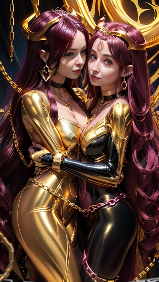 best quality, (((ultra high res))), (detailed face and eyes), (succubus), hearts, perfect face, necklace, (big choker), golden earrings, jewelry, tail, gloves, snake, ((gold)), (((big pink diamond diadem))), (big pink diamond crown), hourglass body, snake coiling, golden snake, ((handcuffs)), handcuffed, ((((chained)))), (tied up), chains, chain, (((((golden symbiote suit))))), (((( golden symbiote girl)))), (((golden succubus symbiote))), (((succubus wings))), (((big cameltoe))), ((((burgundy hair)))), ((((very long hair)))), ((((straight hair)))), dress, ((boots)), (((((2 girls hugging)))))