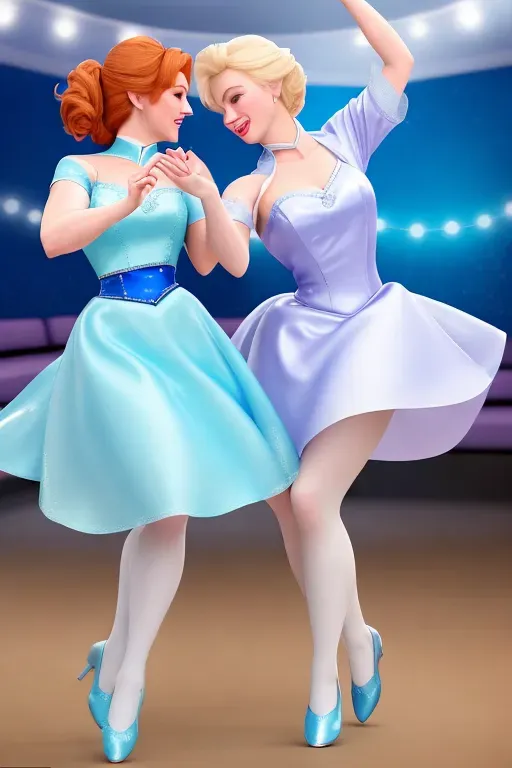 Anna and Elsa of Arendelle dancing at a 1950 style sock hop. high ponytails tied with a scarf. Malt shop. Jukebox. poodle skirts. Elvis. Retro Diner.
Elsa in blue. Elsa platinum blond hair.
Anna in soft green. Anna with auburn hair. ultra realistic. High res.