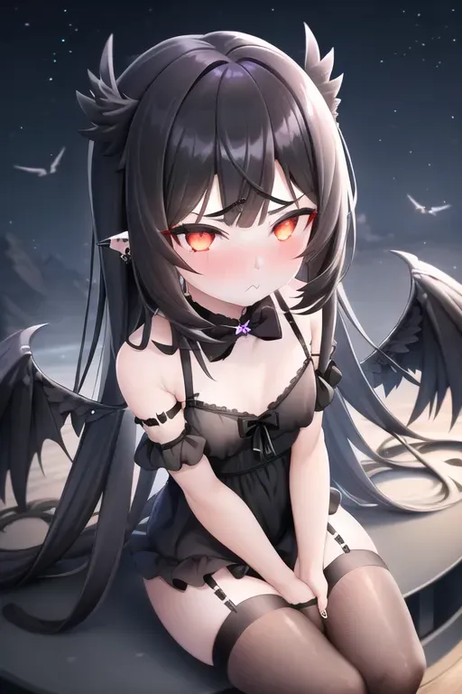 1girl,high quality,night sky,pouty,black long hair,night gown,pale,black horns,wings,silver,piercing,front view,sit forward