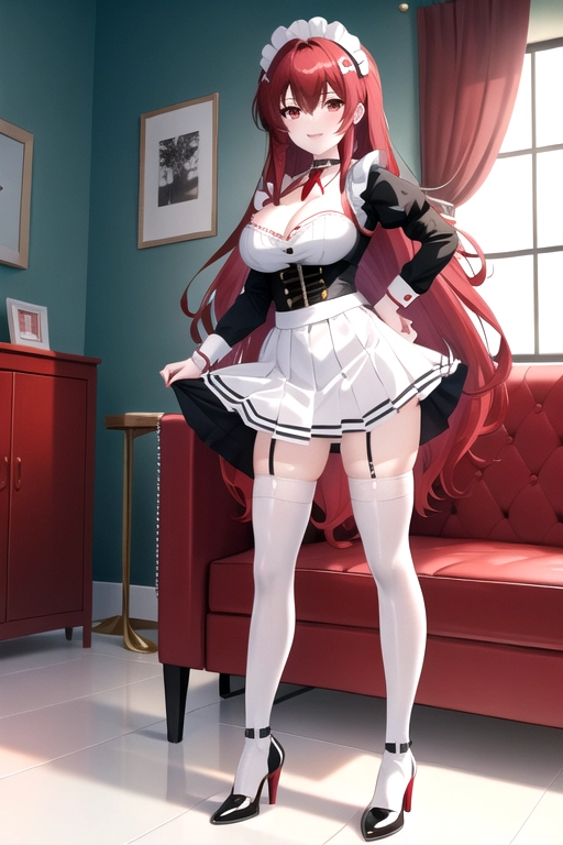 long hair, pale skin, bright red hair, brown eyes, black choker, giant H-cup breasts, wavy hair, maid uniform, smiling, full body photo, 28 years old, miniskirt, cleavage, high heels, red corset, 8k quality, red thigh high boots, in living room