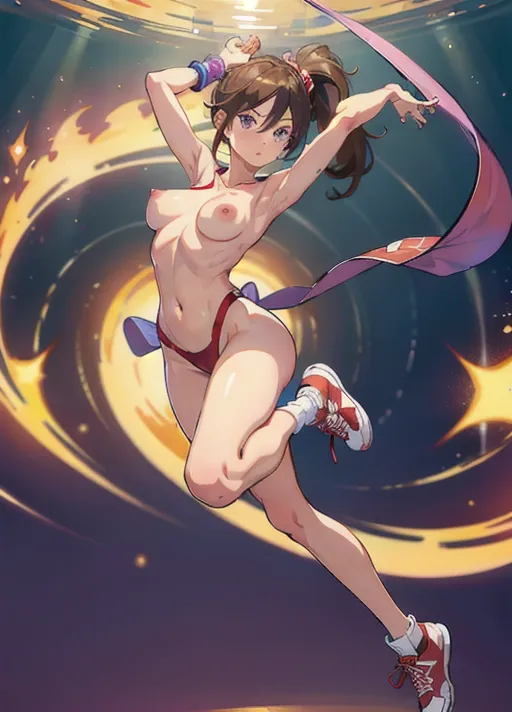 ((((ultra illustrated style:1.0)))),best quality,best animated,masterpiece,ray tracing, global illumination,arms up, crescent, 1girl, solo, nipples, breasts, nude, brown hair, navel, full body, purple eyes, armpits, shoes, red footwear, standing, socks, looking at viewer, sneakers, medium breasts, blush, ponytail, wristband, closed mouth, collarbone, legs apart <lora:arms up-000009:1>