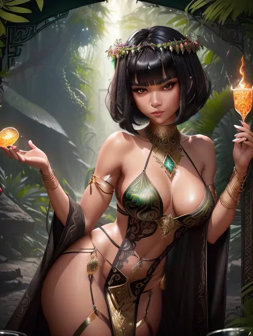 realistic HD photograph of, (((Zendaya)))((accurate face)), (((As a erotic pagan jungle goddess)))((in an pagan temple))((wearing a split side scaled violetdiaphanous pagan gown))(((wearing elaborate Bedlah)))(((surrounded by eldritch magic aura)))(((drinking from a fluted glass filled with cum))), very sexy pose,(((perky breasts))), (((slender athletic build))), (((aroused lustful smirking expression))),(((short straight blunt bangs haircut)))(((black hair))), beautiful face, beautiful lips,detailed large eyes,curved eyebrows,cgsociety,cinematic lighting,studio lighting,professional,editorial,