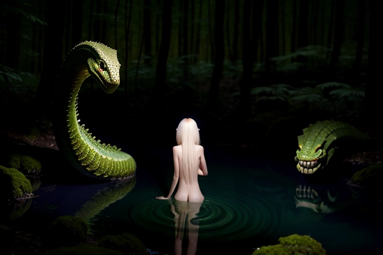 realism. UHD. naked, slender, ((small perky breasted)), beautiful ((albino sylph-girl)), Eva Yi, (ass up) in a very ((DARK, shadowy, prehistoric, Triassic, mossy forest)), (bathing in an alluring deep dark clear anal-serpent river). close up. Pans Labyrinth film style. ((perfect anus)).