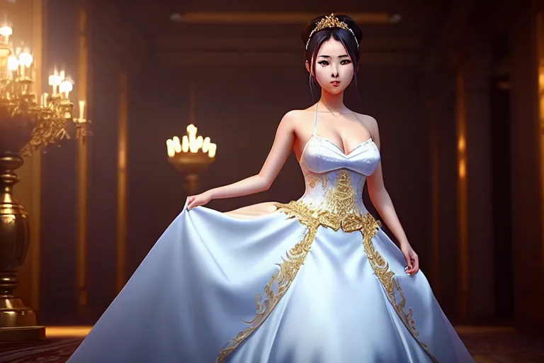 a digital painting of,a korean girl,wearing wedding dress,walking,at the party,small breasts,five fingers per hand,ponytail,charming face,beautiful lips,blue eyes,curved eyebrows,erotic,wearing golden ring,unreal engine,cgsociety,studio lighting,cinematic lighting,pixiv