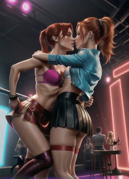 Vicca has short red straight hair, very beautful eyes, high cheekbones in a very beautiful face, small breasts with very erect nipples, Olivia Wilde is a beutiful blonde with her hair in a ponytail
Vicca is passionately kissing Olvia Wilde on a dance floor in a night club, both women are wearing sexy cloths (short tight skirt and jacket, bra, stockings, high heels), kissing, touching each other (hip, hair and breasts), they are both partly naked (breasts visible, niplsio), sexy dancing women in the background, seen from below
Vicca is holding onto a vertical stripper pole raising one leg high in the air in a split, Olivia Wild is standing beside Vissa holding her raised leg
Use correct hair colours (Vicca has short and straight red hair while Olivia Wilde has blonde hair)
ultra realistic graphics, High definition, excellent lighting, best quality, high resolution, photorealistic, masterpiece, ultra realistic graphics, 16k, improved graphics