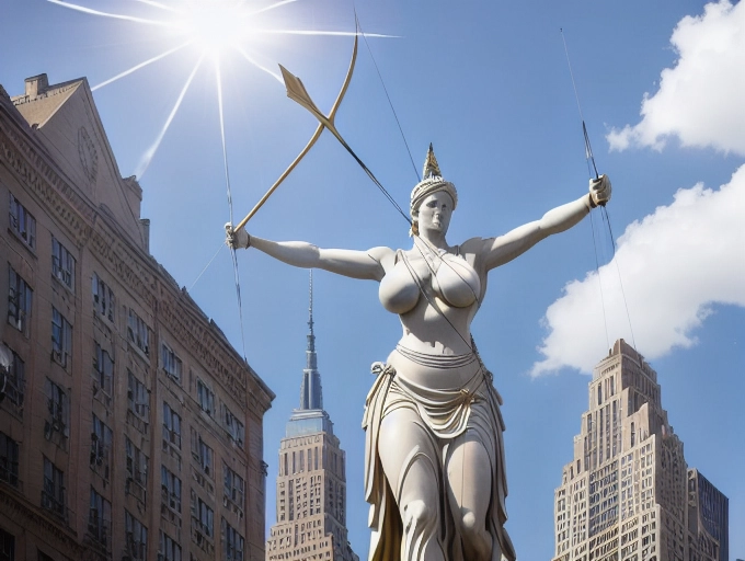low-angle perspective of a colossal, 1000-meter tall statue of a female Archer with her bow and arrow, majestically dominating a 15 acre island in New York Harbor, mighty ships appear minuscule as they steam by. Crafted from gleaming white marble, accented with intricate bronze details, the statue grandeur is enhanced by the dramatic lens flare emanating from behind her by the late afternoon sun, her buxom physique largely exposed, emphasizing her giant enormous gravity-defying breasts,