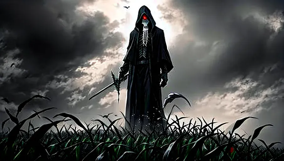 grim reaper, corn field, tall corn growing in the background, gloomy sky