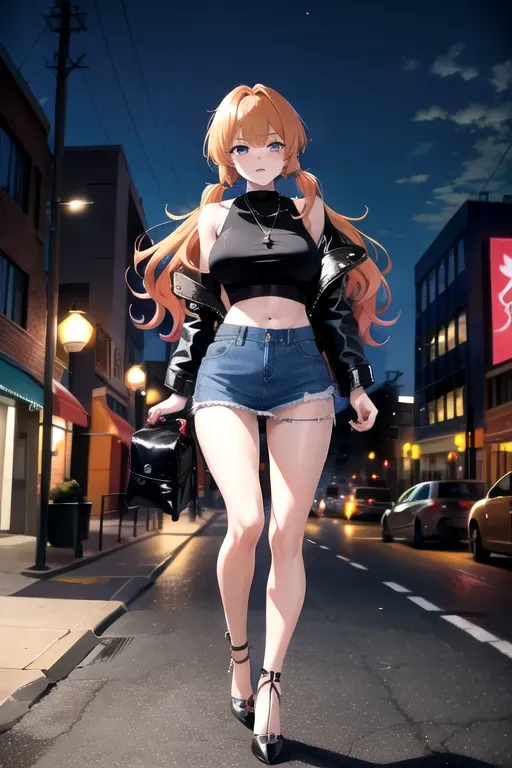 full body, strawberry blonde hair, hazel eyes, short girl, denim miniskirt, black high heels, looking at viewer, long hair, pale skin, silver necklace, black crop top, 24 years old, giant breasts, cute face, pov, wavy hair, city environment, Oklahoma City, wide eyes, erotic, skirt tug, leather jacket, nighttime, black backpack, slim body, low pigtails, running towards camera