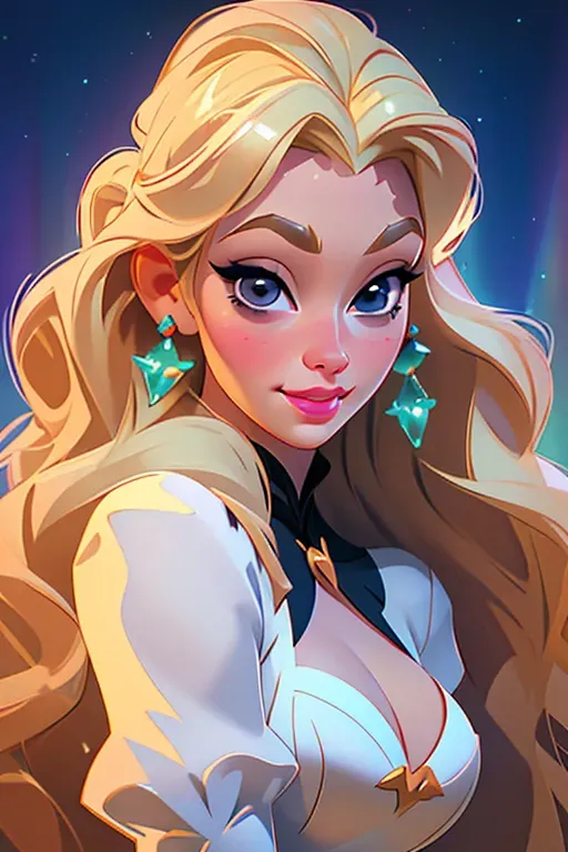 an ultra realistic photo of Aurora from Disney, blonde hair, oversize eyes, doe eyes, lustful gaze, smile, princess dress, cleavage, shiny lipstick, big lips, sexy pose, high quality