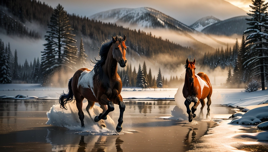 a photorealistic of a wild horse running through a river, head on view, coming toward camera, water splashing around legs and feet, two horses running behind, snow covered trees in background out of focus, snow covered misty mountains in background out of focus, hazy orange dusk lighting