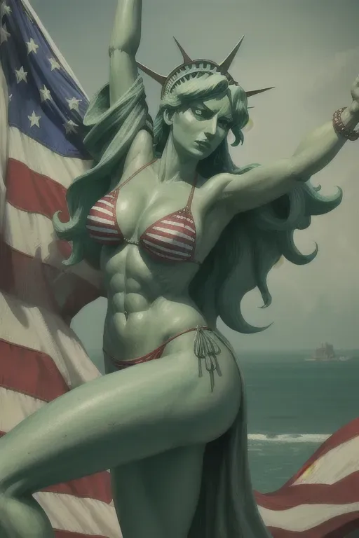 Lady Liberty, American flag bikini, One Piece art style, green skin,
(((five fingers per hand))),two arms, two legs,erotic,(pixiv),best quality,masterpiece,(professional lighting),realistic abs