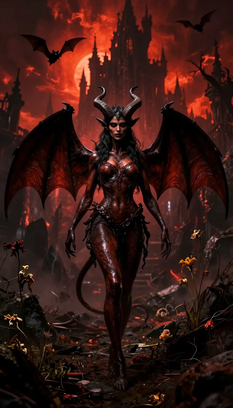 This realistic Picture depicting a dark, demonic female figure with a humanoid physique. She has large, bat-like wings, curved horns, and a long, sinuous tail. Her skin is a textured, dark brown with a leathery appearance. She stands confidently in the center of a dark, ominous landscape, illuminated by a fiery, red-orange sky. Behind her, a towering, gothic-style castle with pointed spires looms in the background, partially obscured by shadows and mist. A small, black bat flies in the sky to the left. The ground is rocky and barren, with scattered, wilted flowers. The overall mood is dark, foreboding, and supernatural.