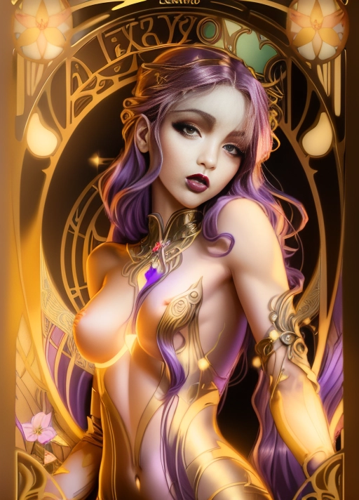 Art nouveau, tarot card, beautiful illustration,
(Masterpiece), Best quality, 8k resolution,
HDR, UHD, 64K,
Highly detailed,
Perfect lighting,
Professional,
Vivid Colors,
Skinny girl, long purple hair, nude, flirty smile, puffy lips, long eyelashes, light complexion, (highly realistic detailed face), perfect face, perfect body, small breasts, arms up, slender figure, (full body view), wide shot with EF 70mm lens