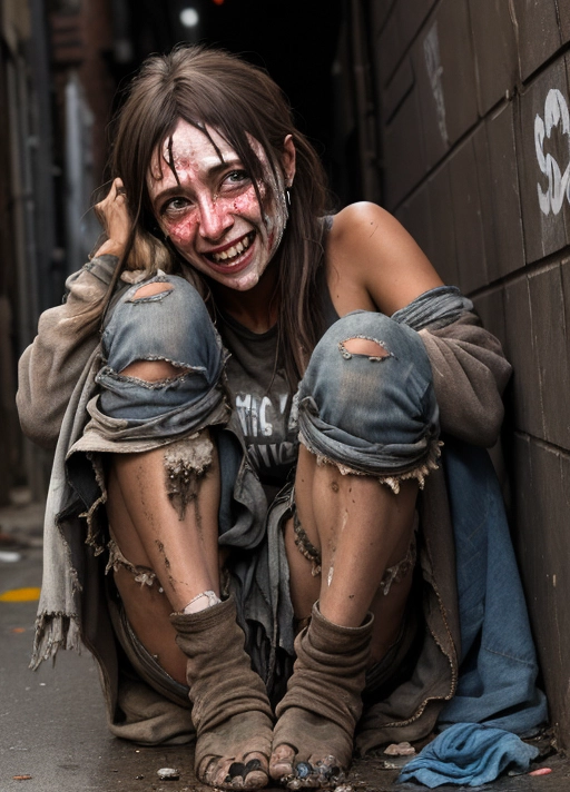 Dirt covered homeless woman, ragged torn clothes, (background dirty alley), legs spread, tears on face, forced smile, dpmg_face_cum_v1